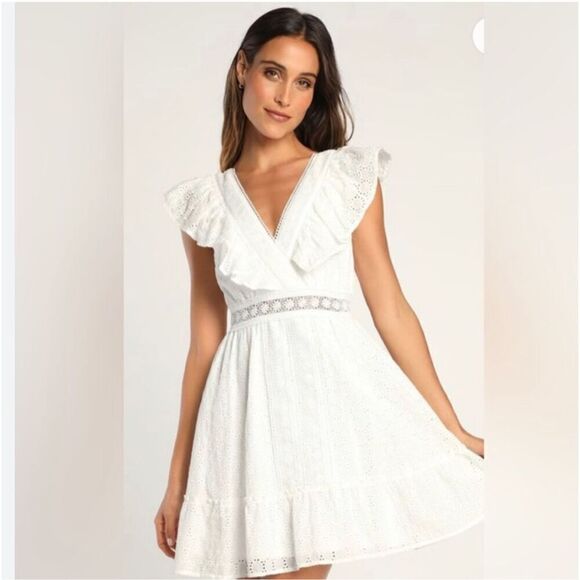 NWT Lulus Number One Cutie White Sleeveless Ruffled Skater Mini Dress Women’s Me - Picture 1 of 11